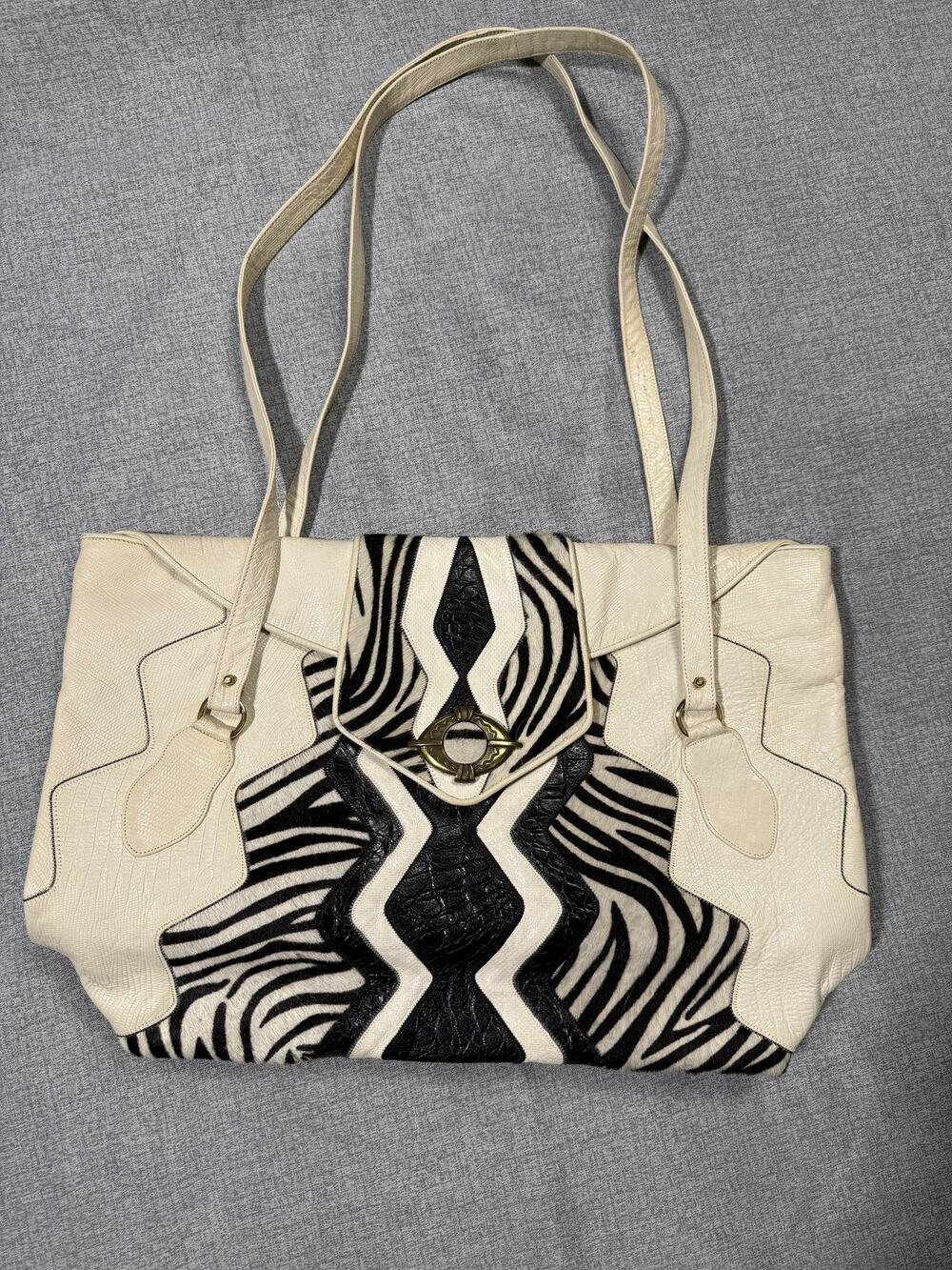 Sharif Vintage Zebra Print Calf Hair Leather Patchwork Shoulder Bag Cream Black